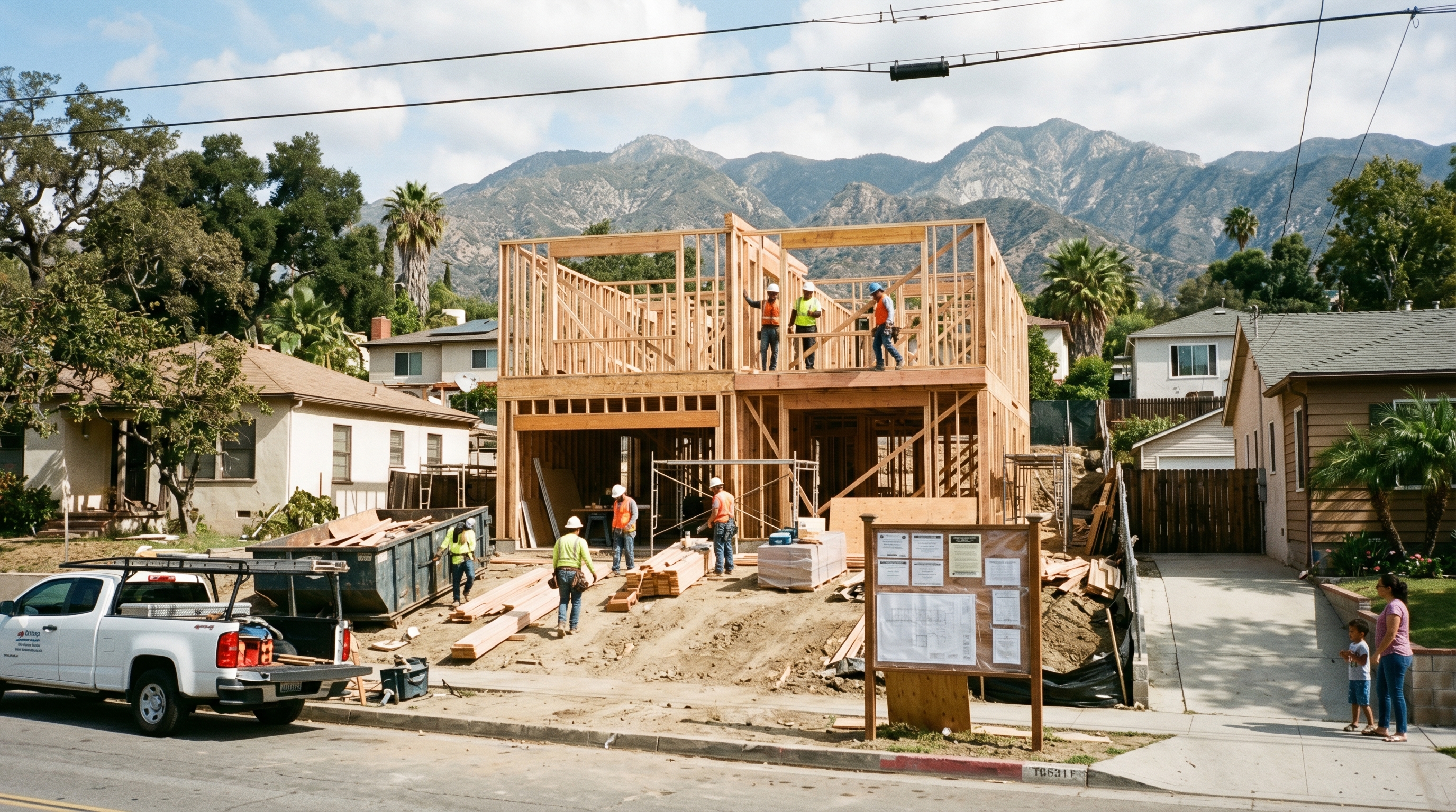 Altadena rebuild site with permit review documents and construction planning in progress