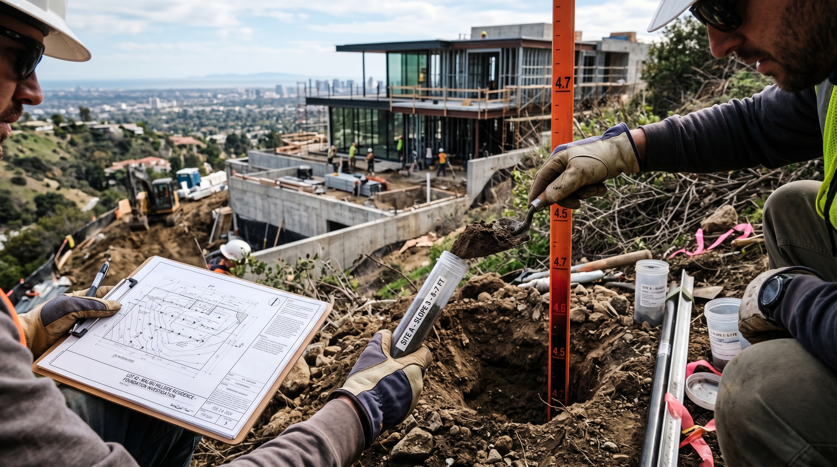 Santa Monica hillside construction plan with geotechnical engineering drawings and site analysis