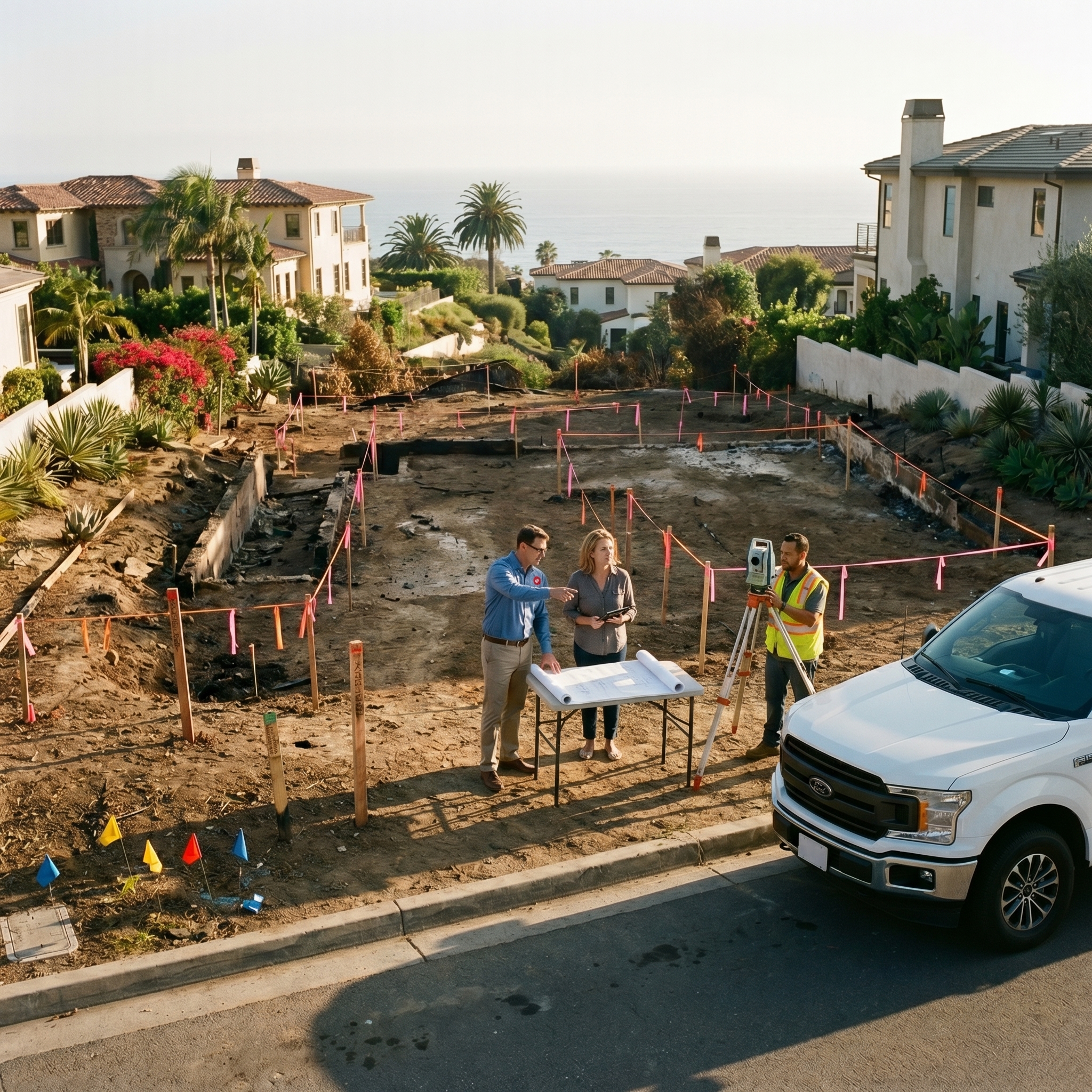 Aerial view of a cleared Pacific Palisades rebuild lot with contractor and homeowner reviewing site plans