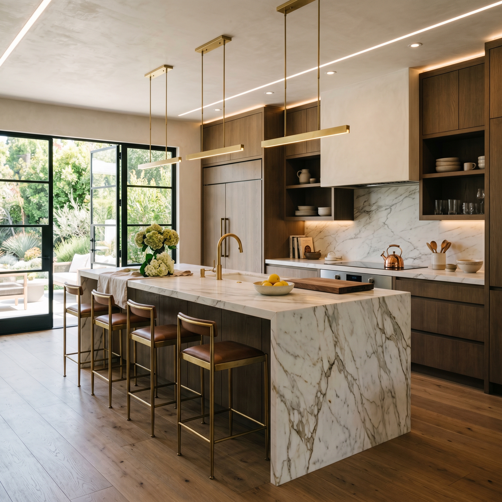 Completed Brentwood luxury kitchen with marble waterfall island, brass pendants, and walnut cabinetry