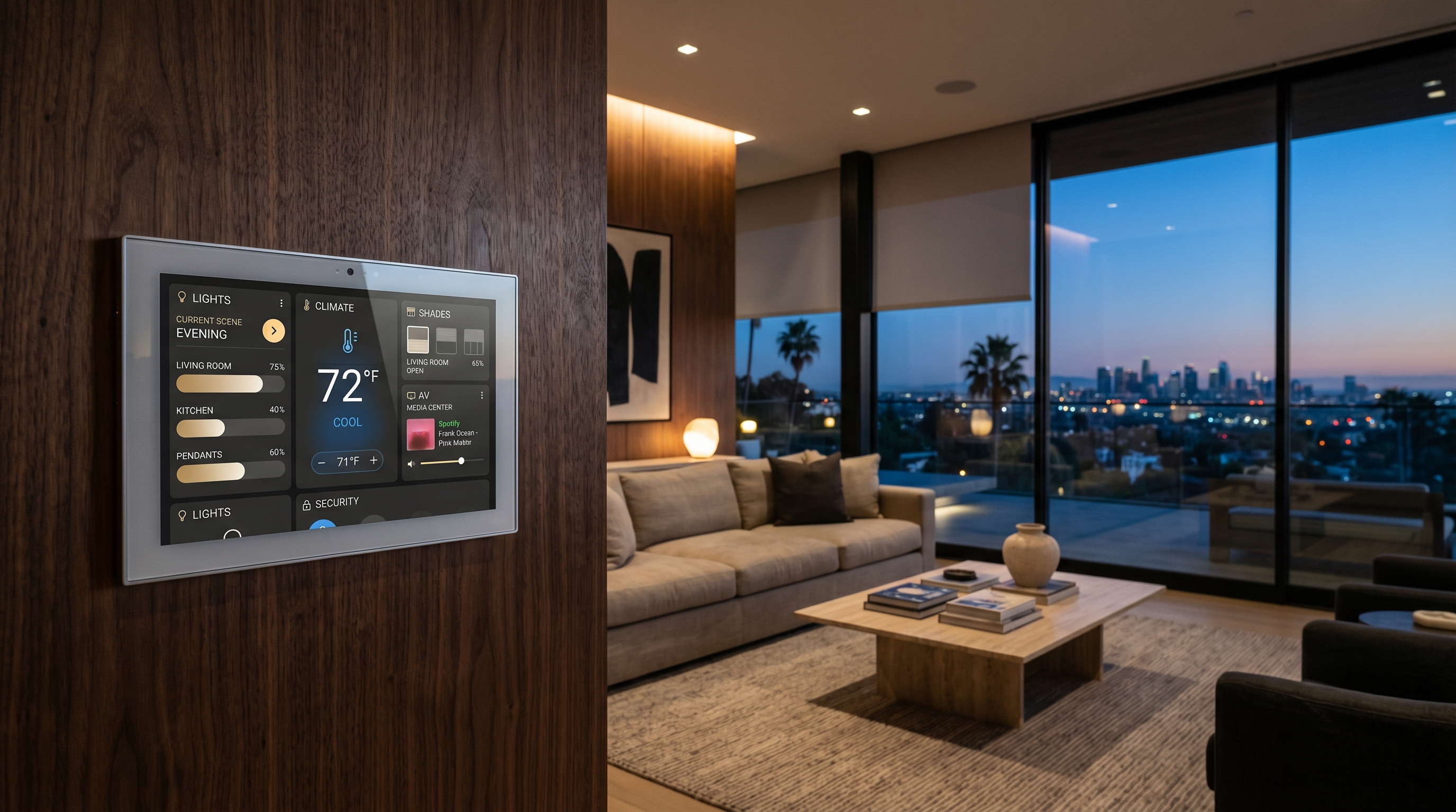 Luxury home automation planning board showing Control4, Crestron, and Savant system concepts