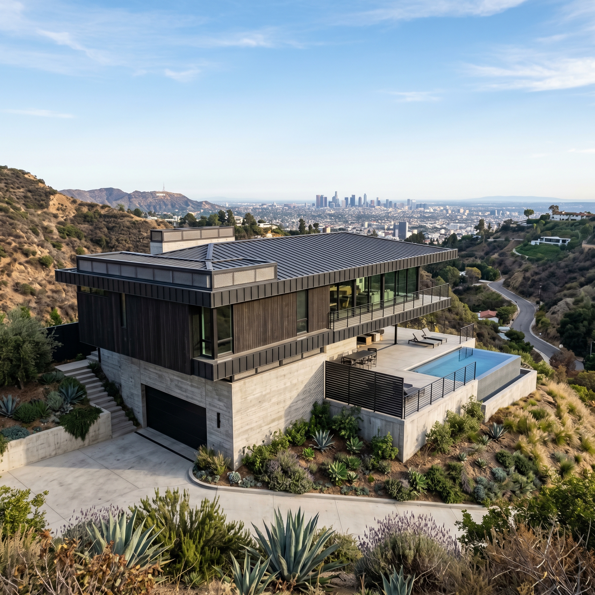 WUI-compliant modern Los Angeles hillside home with metal roof, concrete base, and wood cladding overlooking the city