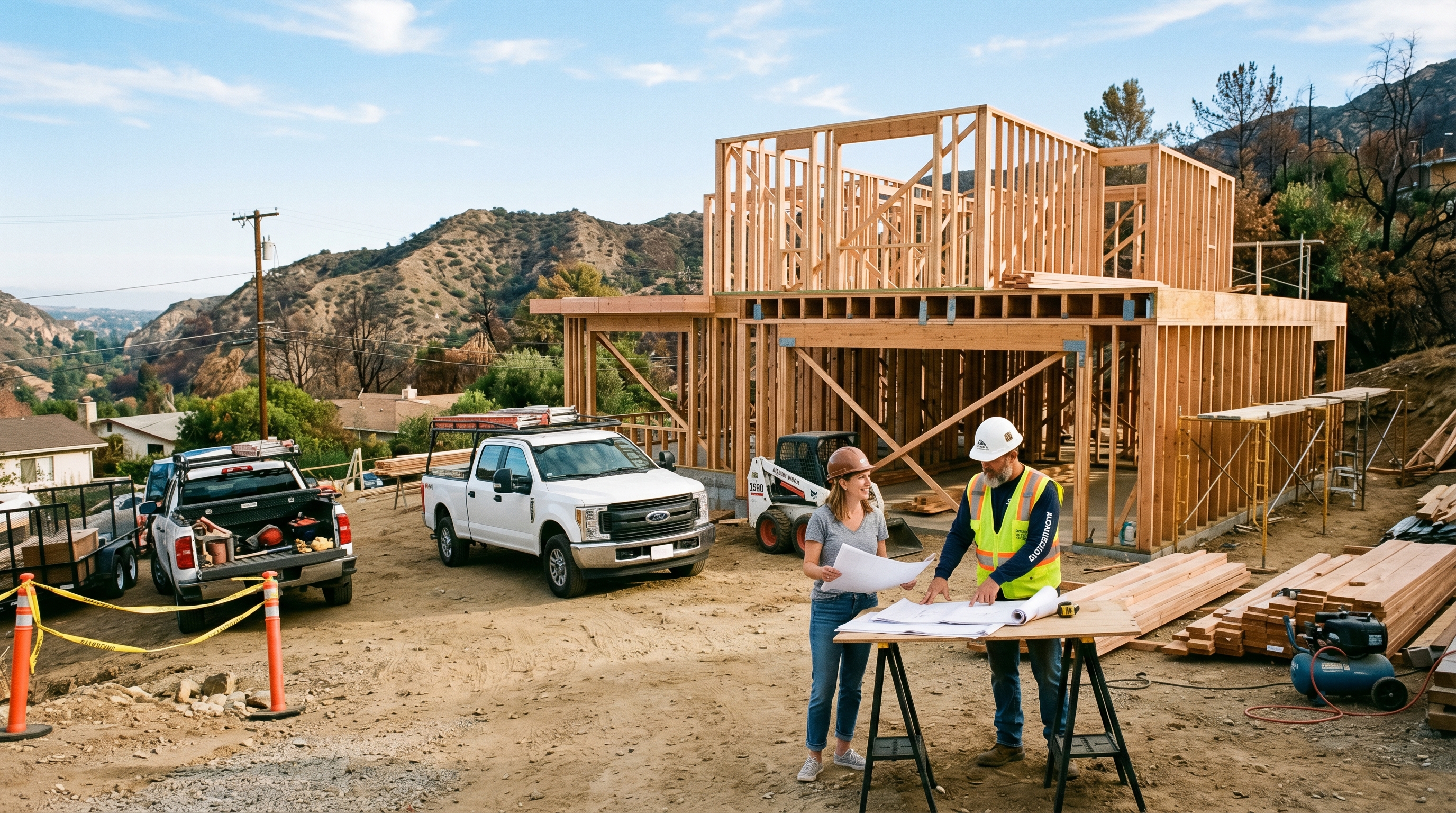 Altadena homeowners and contractor reviewing rebuild drawings with a permit binder on site
