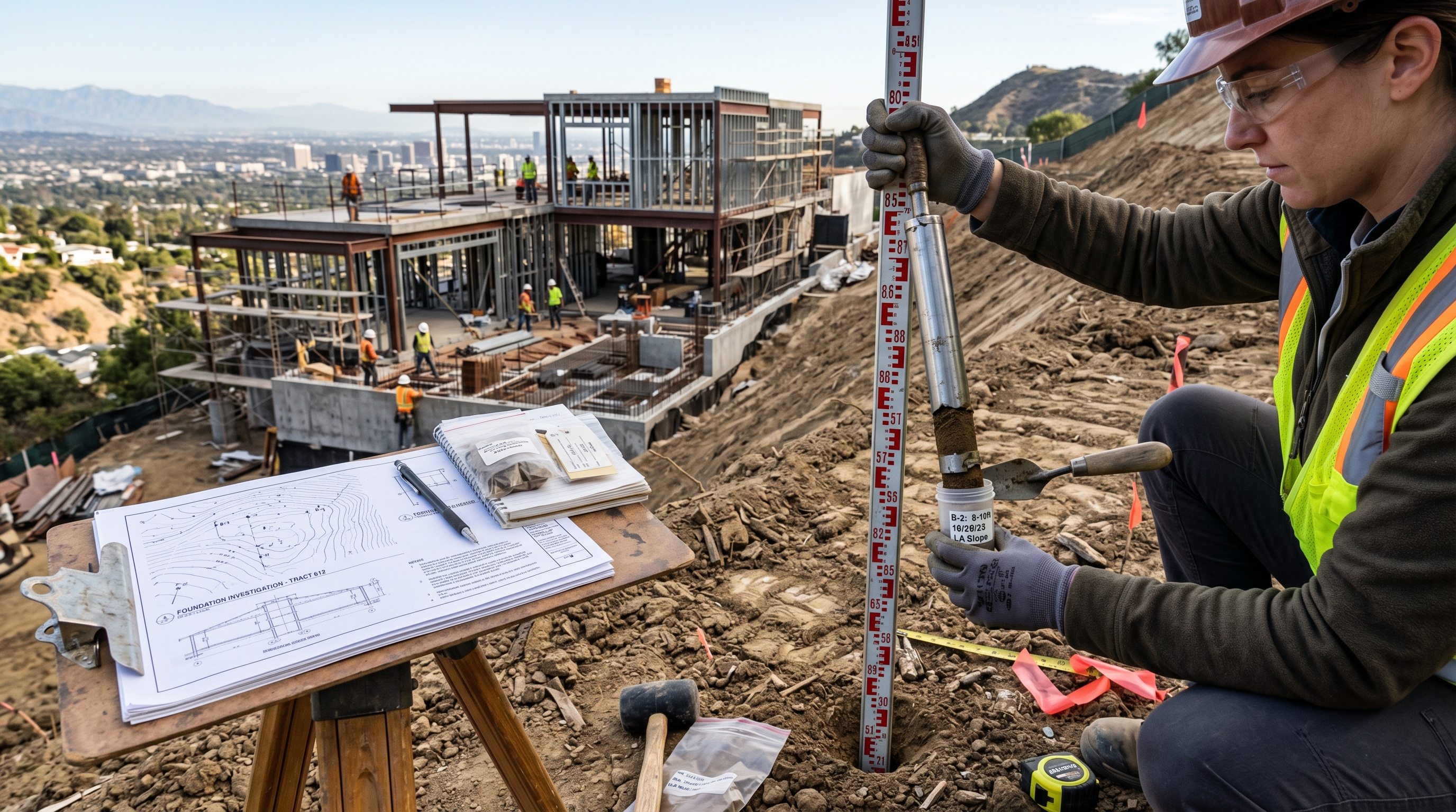 Hillside foundation and retaining wall detail with engineering notes on a Santa Monica project