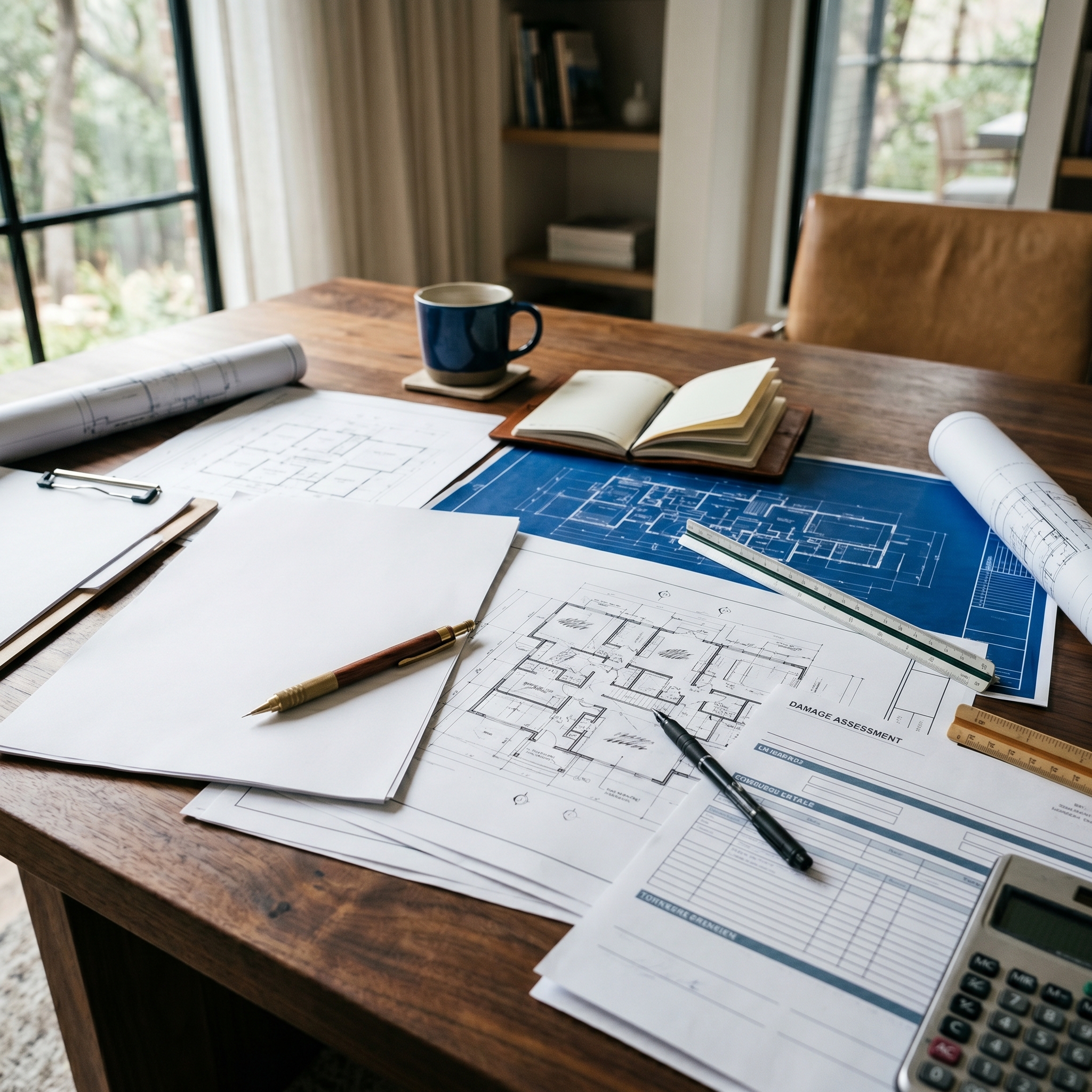 Blueprints, damage assessment documents, and cost calculations spread on a desk during a Palisades fire rebuild scope review
