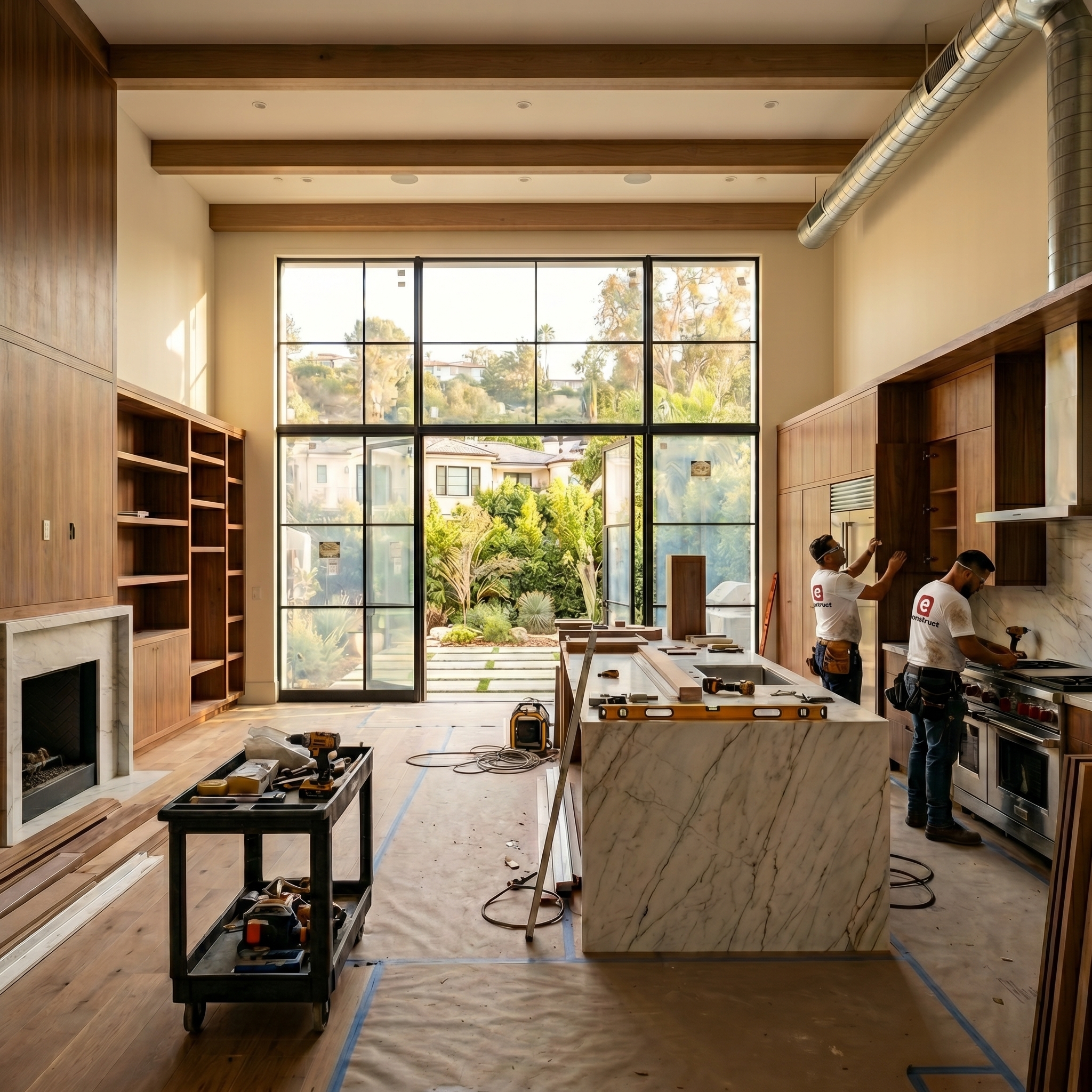 econstruct crew installing marble island and custom cabinetry inside a Brentwood luxury home during active modernization