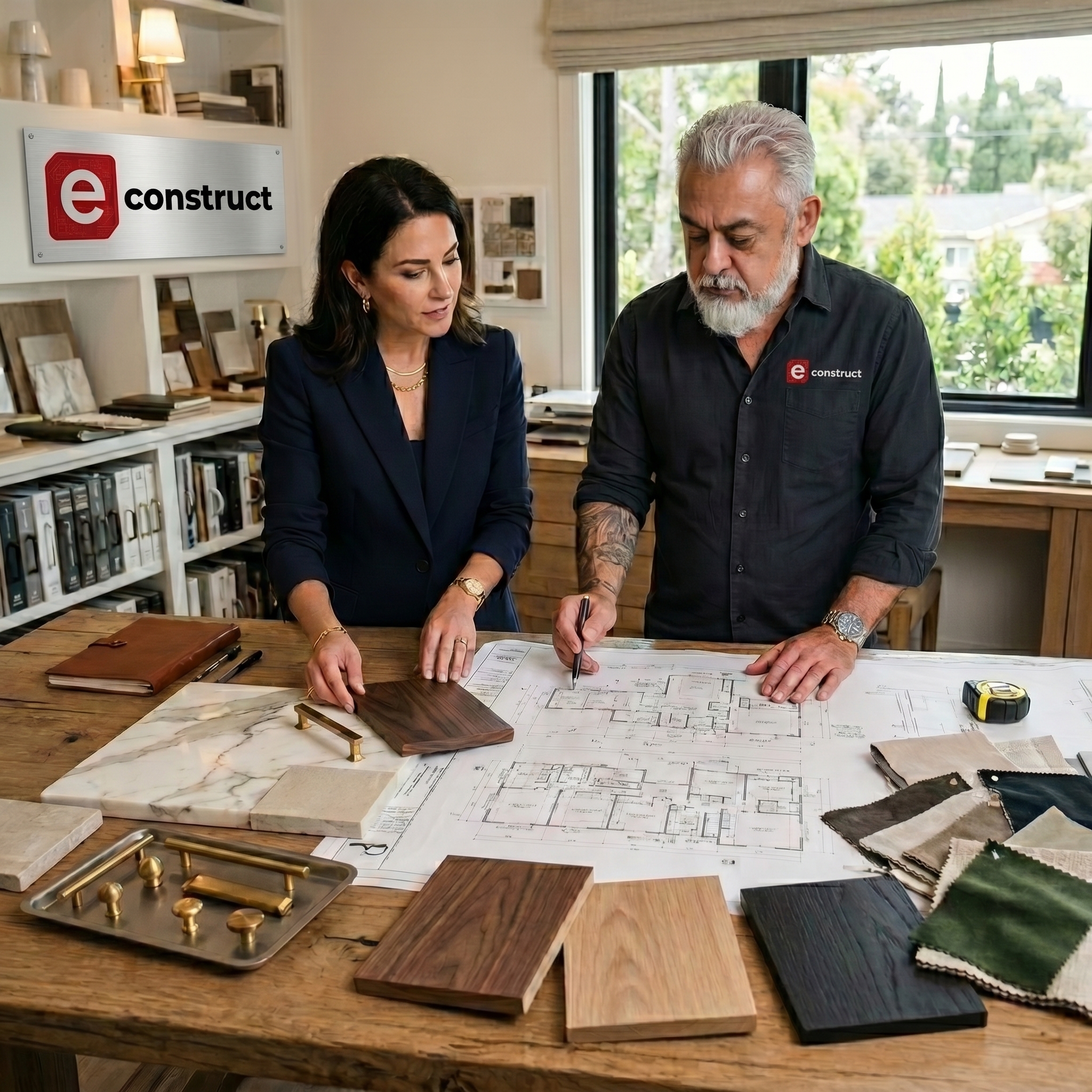 econstruct team reviewing architectural blueprints and material samples at the planning table — walnut, marble, and brass hardware selections laid out