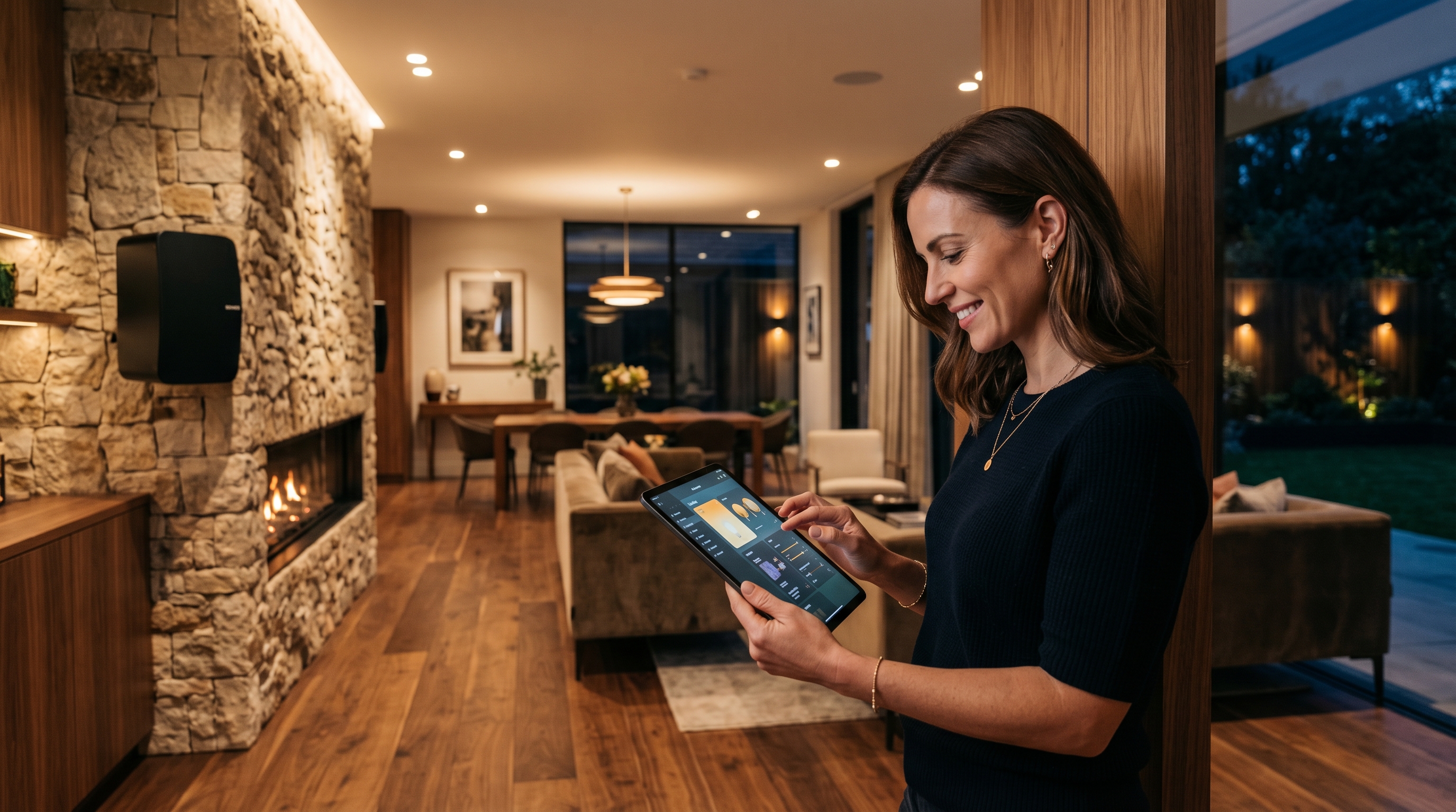 Smart home control interface and wall keypad detail in a luxury residence