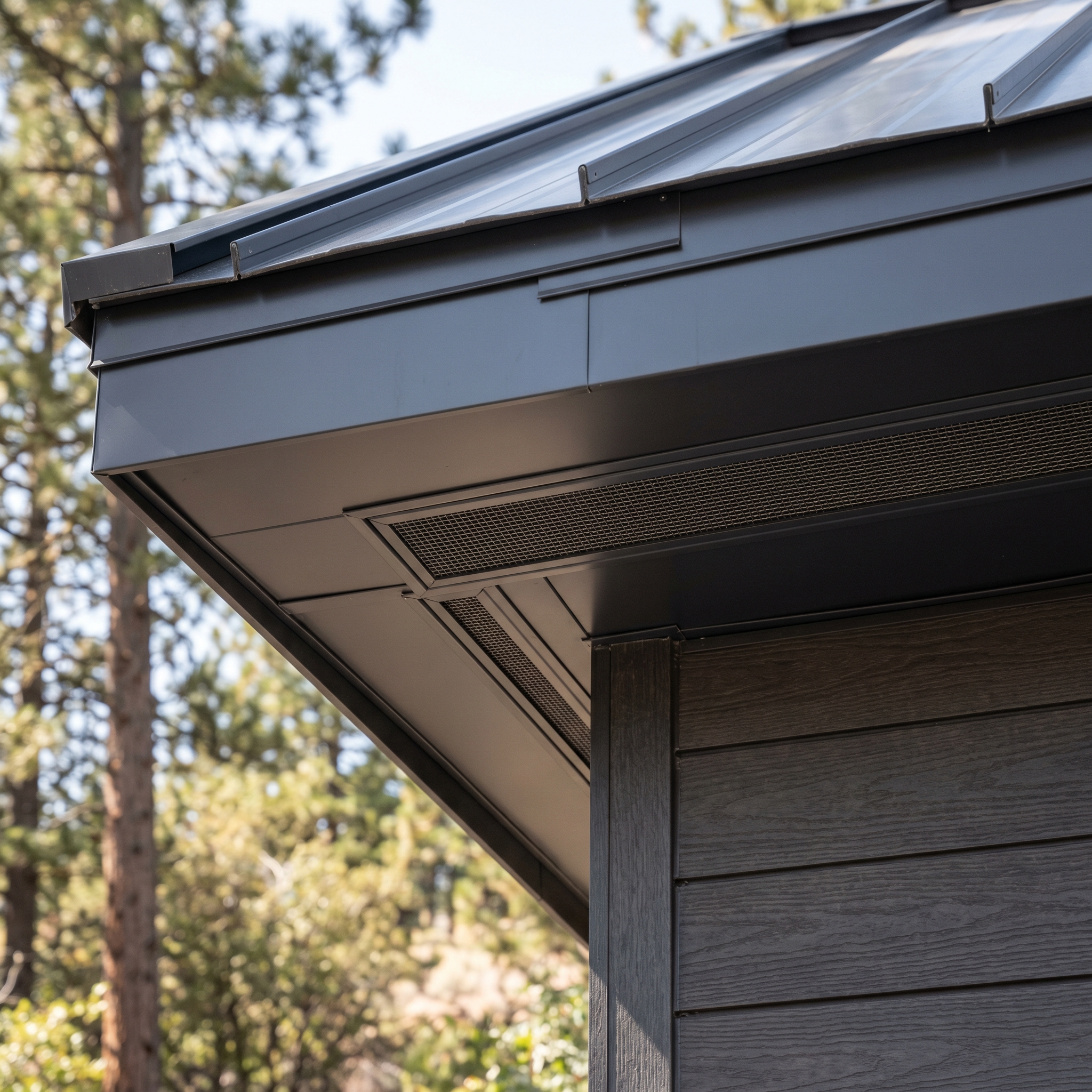 Close-up of ember-resistant vent screens integrated into a metal roof eave with dark composite siding — Chapter 7A compliant detailing