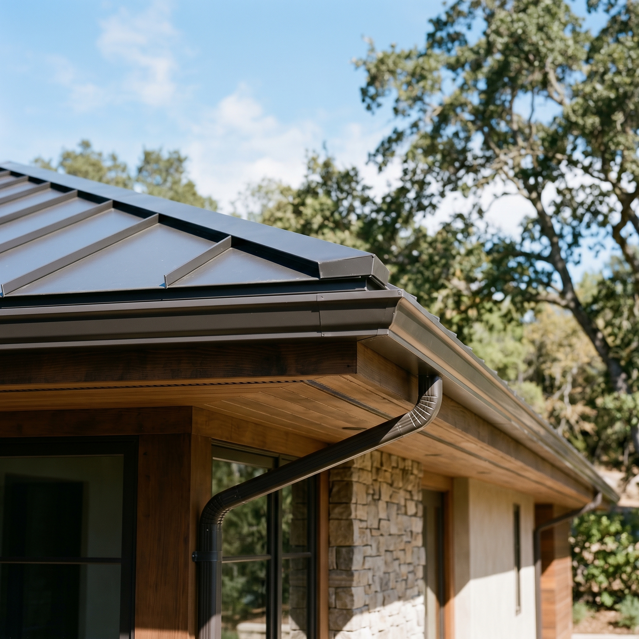 Standing seam metal roof with wood soffit eave and stone cladding wall — a WUI-compliant roofline assembly in Los Angeles