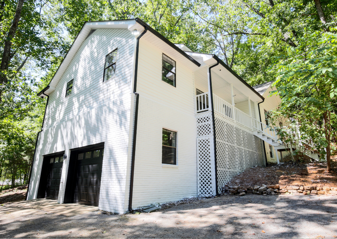 Newcomb Road garage and exterior front view