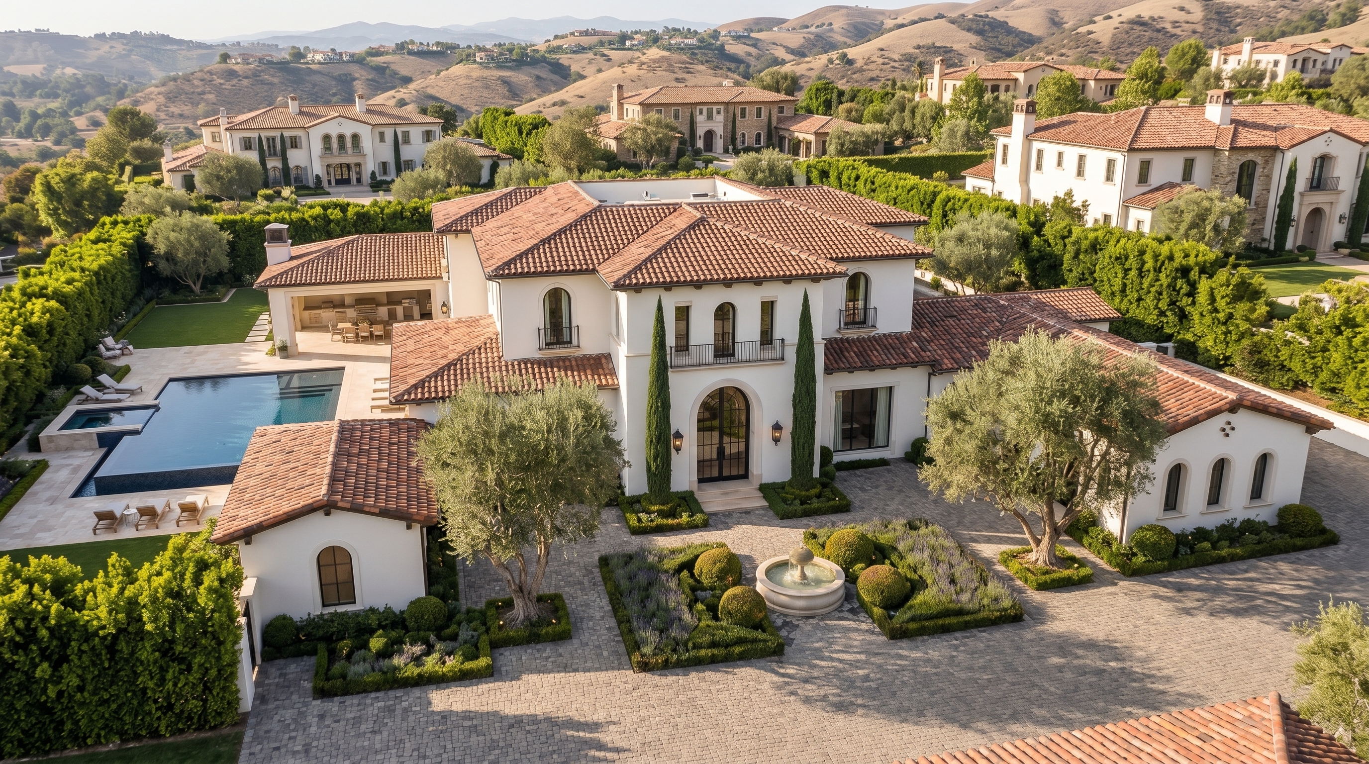 Calabasas custom home courtyard entry with arched openings and Mediterranean stonework