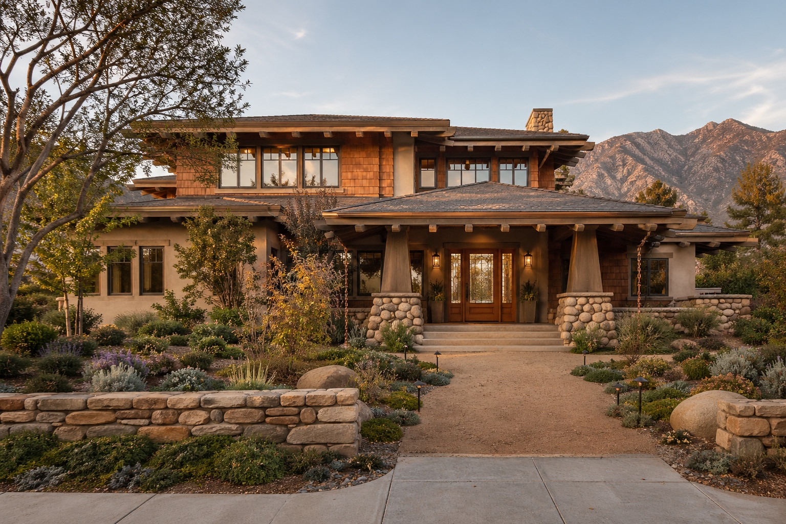 Altadena Craftsman estate front exterior with layered rooflines and mountain backdrop