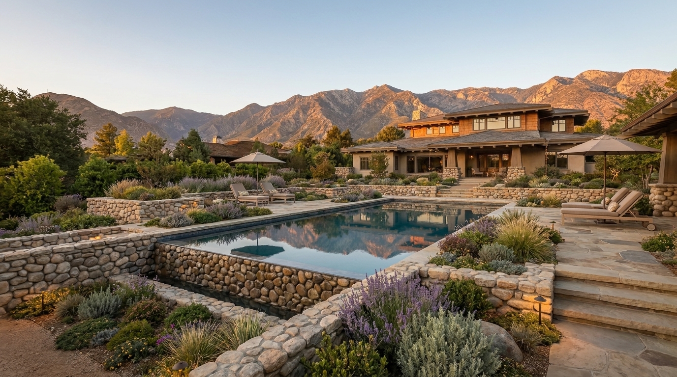 Altadena Craftsman estate backyard pool and terrace at dusk
