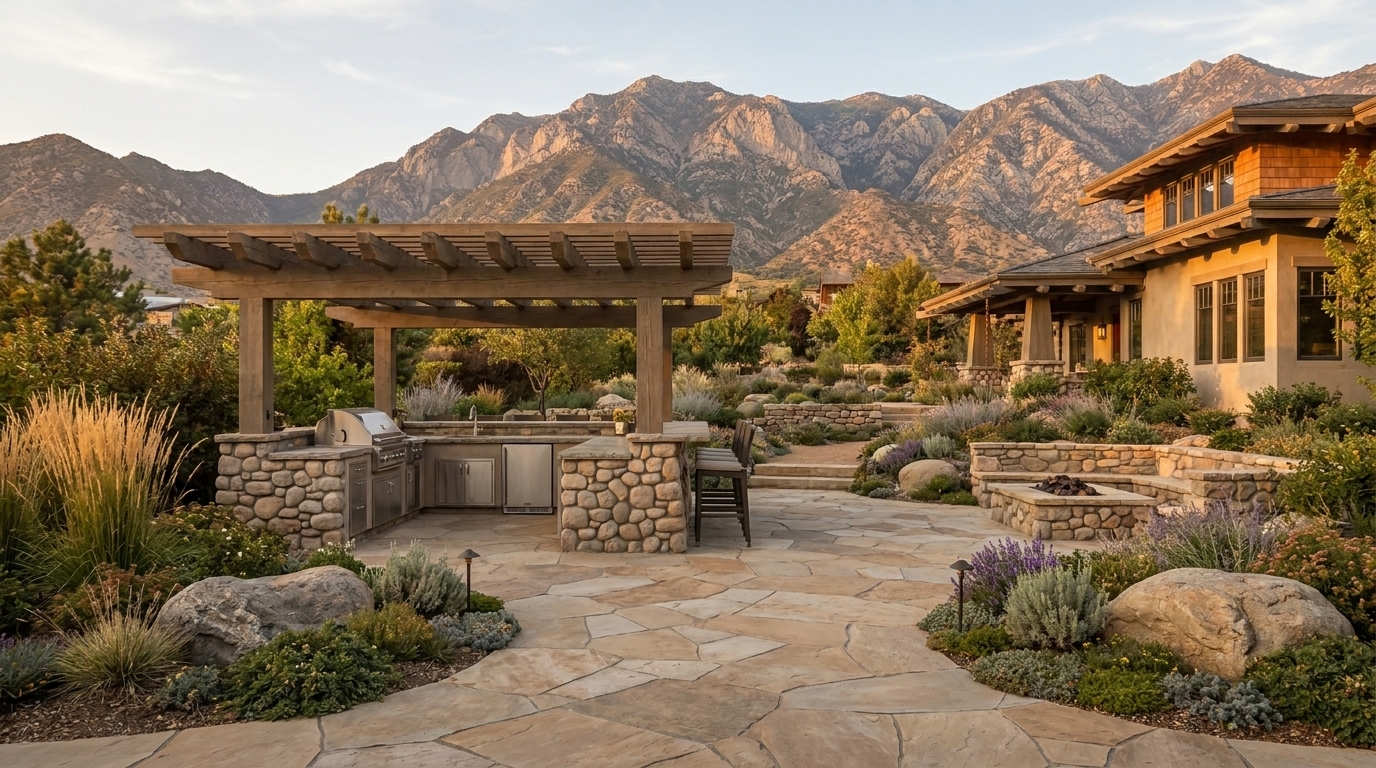 Altadena Craftsman outdoor living area with covered patio and kitchen