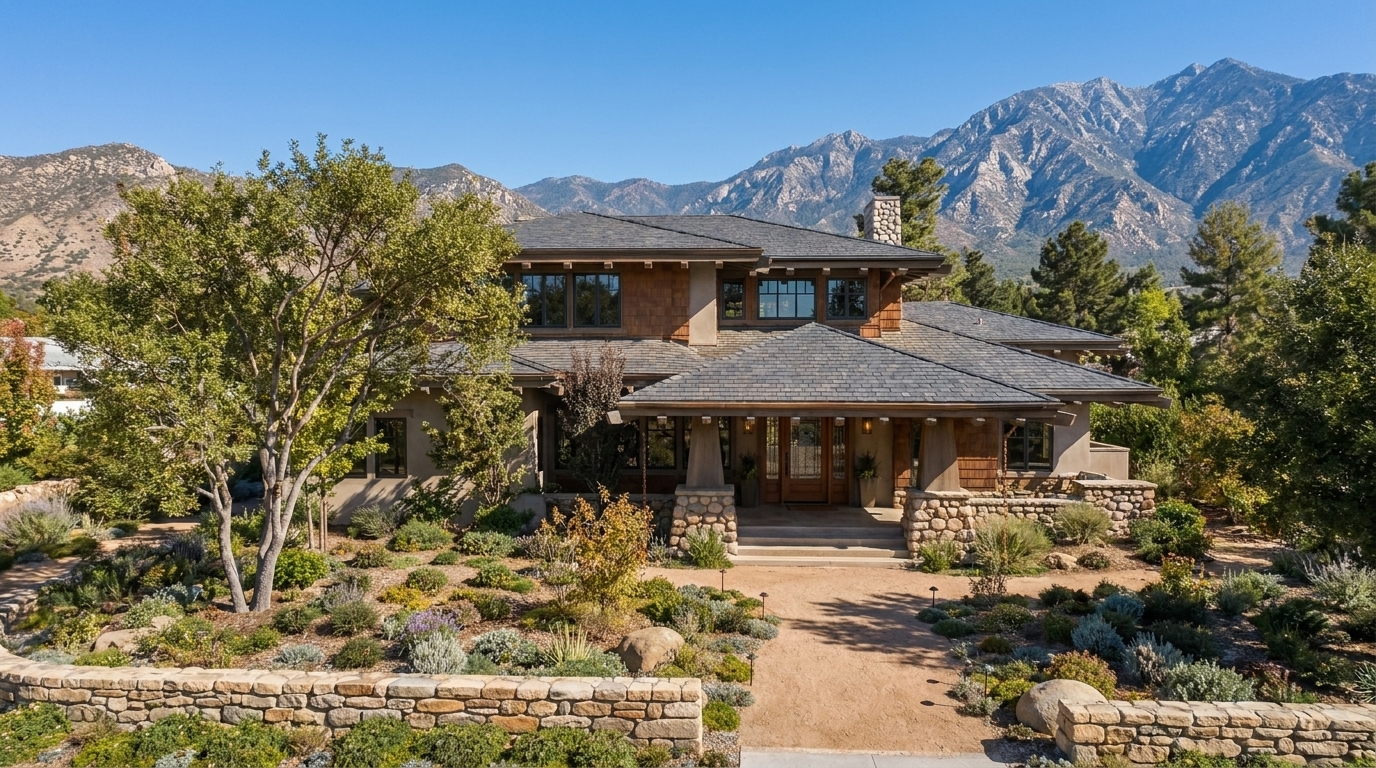 Altadena Craftsman estate exterior with mountains and deep roof overhangs