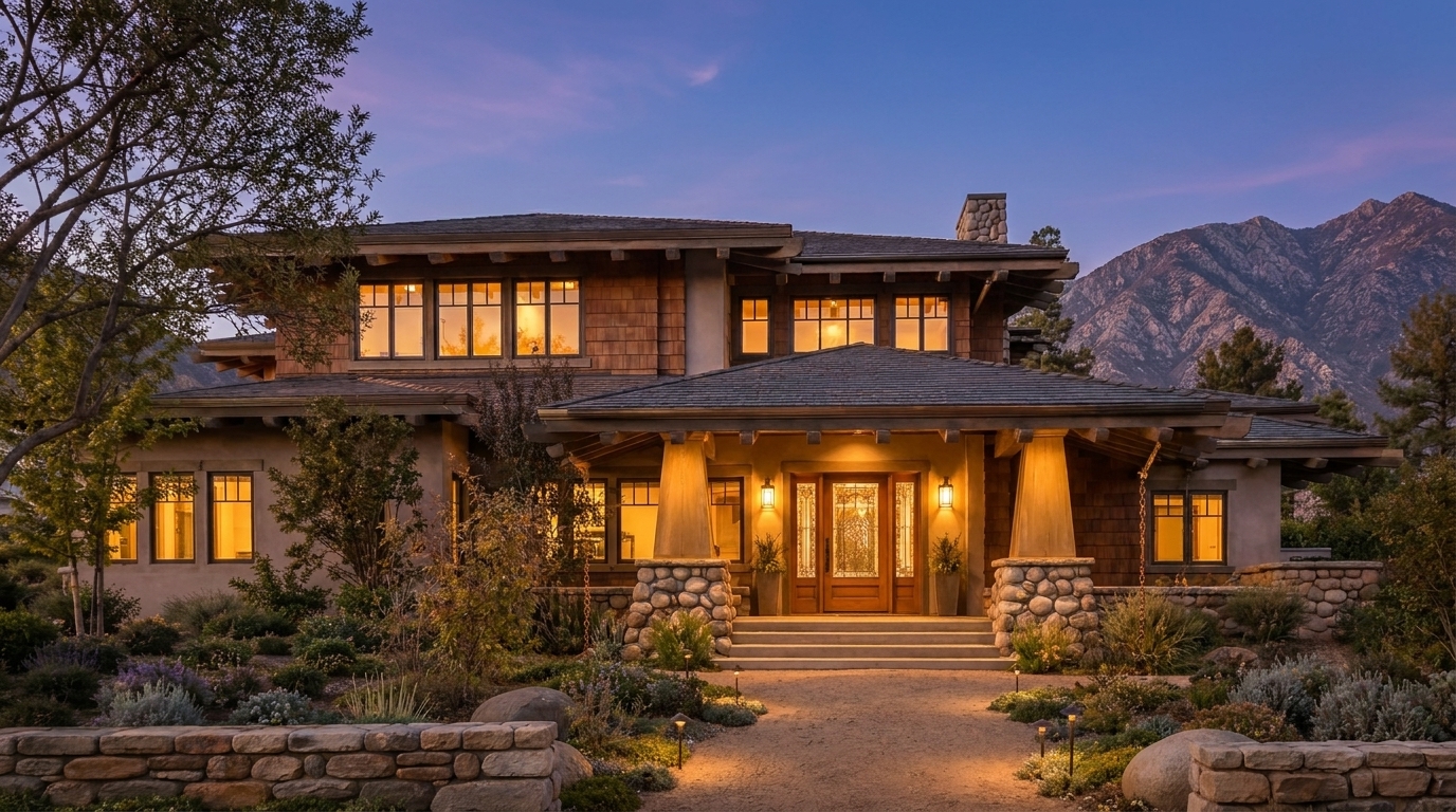Altadena Craftsman house exterior at twilight with warm lighting