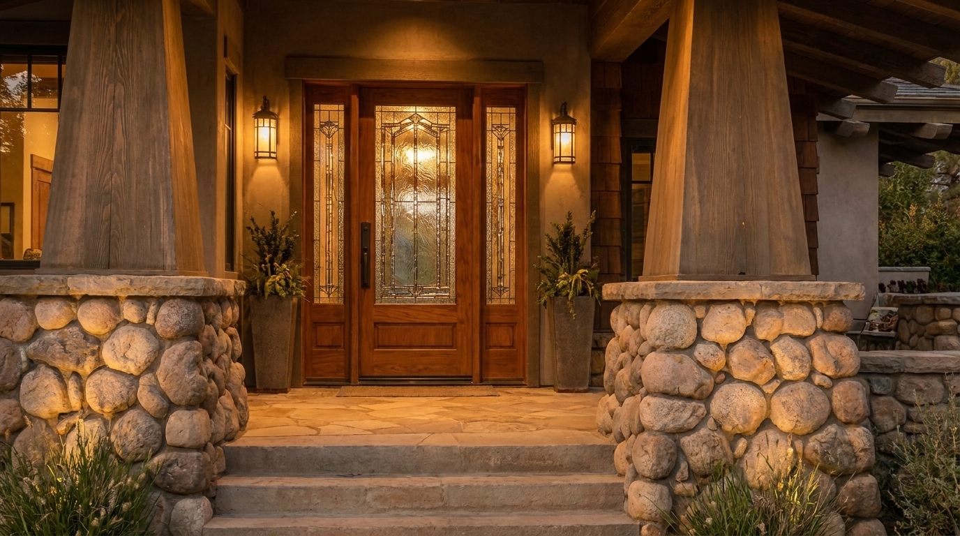 Altadena Craftsman front entry with custom doors and stone pillars