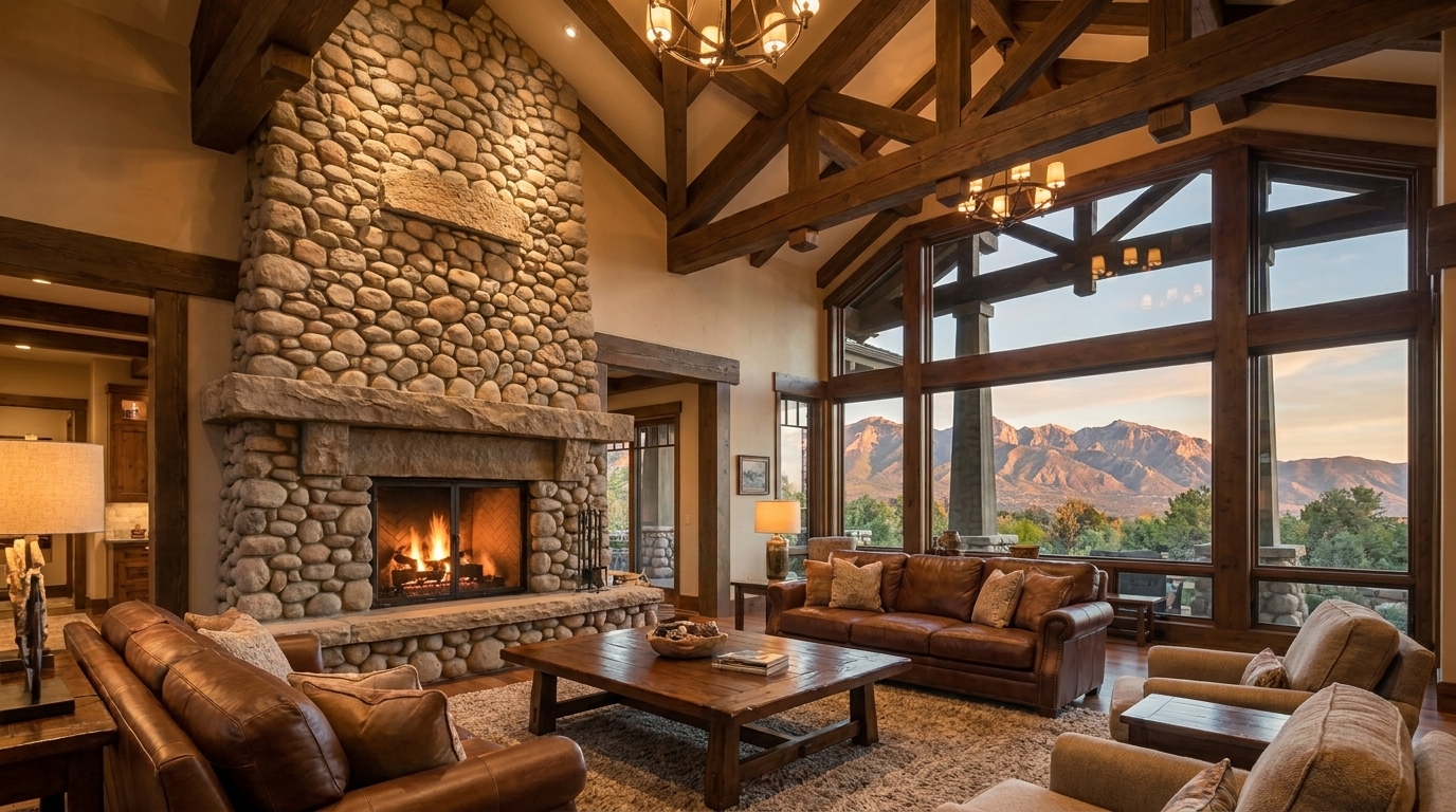 Altadena Craftsman great room with mountain views and exposed timber feel