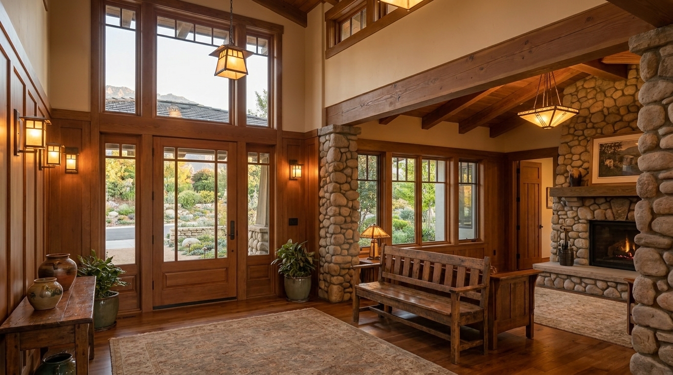 Altadena Craftsman interior view across living spaces and finish palette