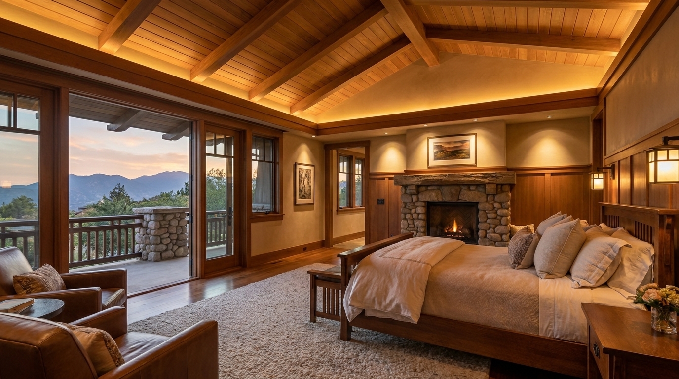 Altadena Craftsman primary bedroom suite with mountain-facing outlook