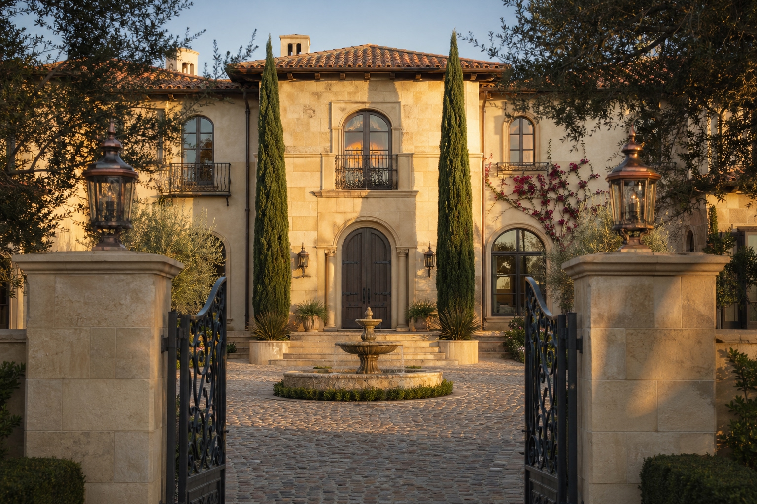 Bel Air Mediterranean estate exterior hero image with formal massing and stone detailing