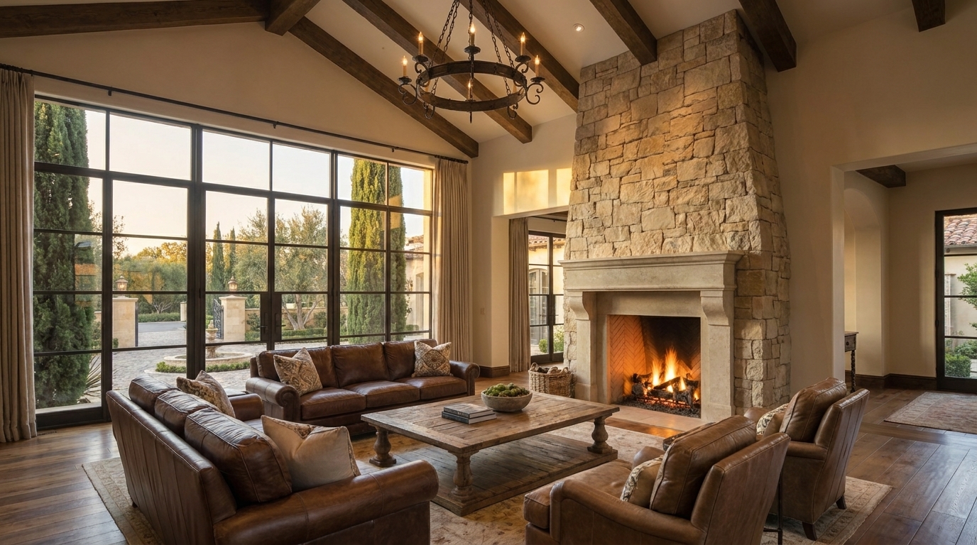 Bel Air great room with stone fireplace and large ceiling volume