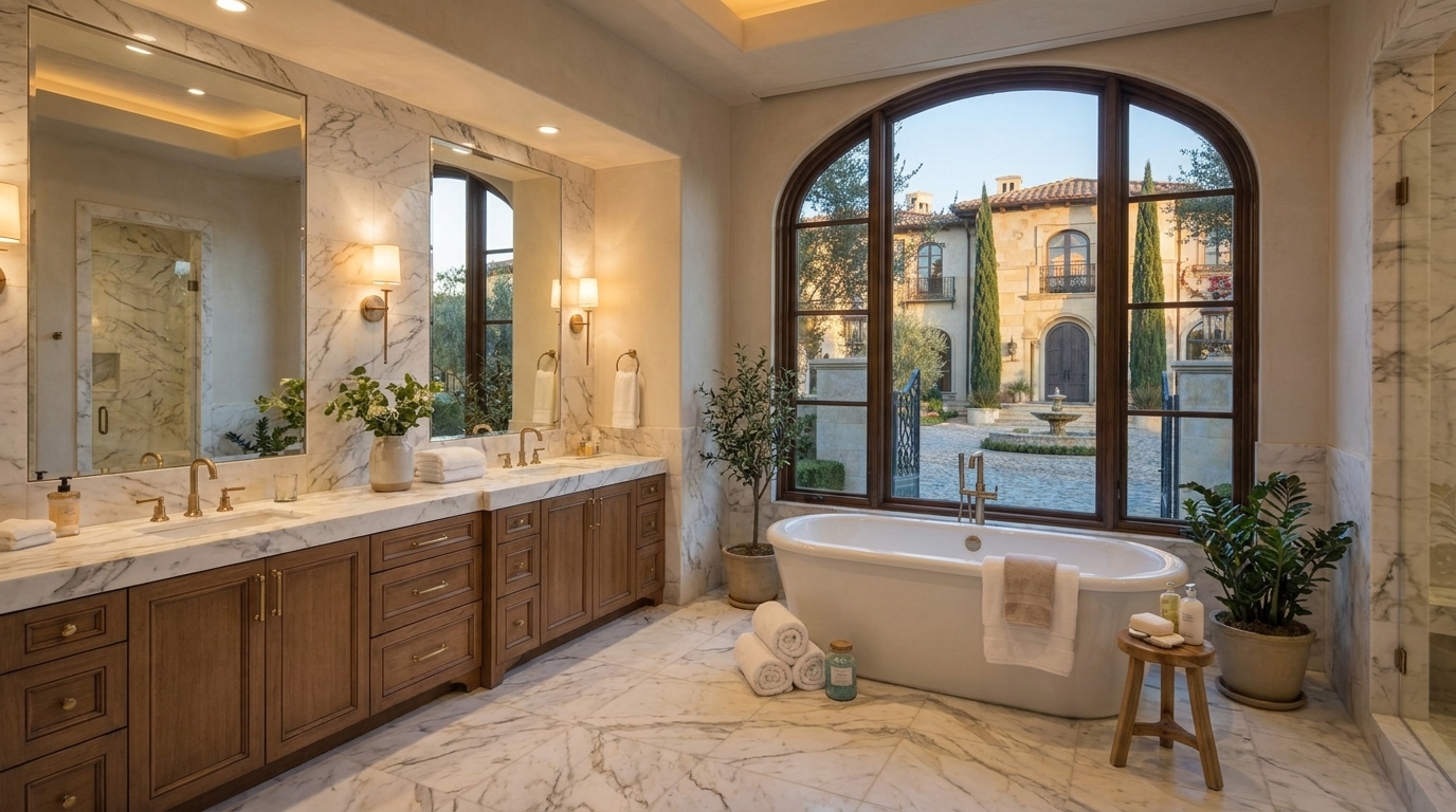 Bel Air luxury primary bathroom with marble and tailored lighting