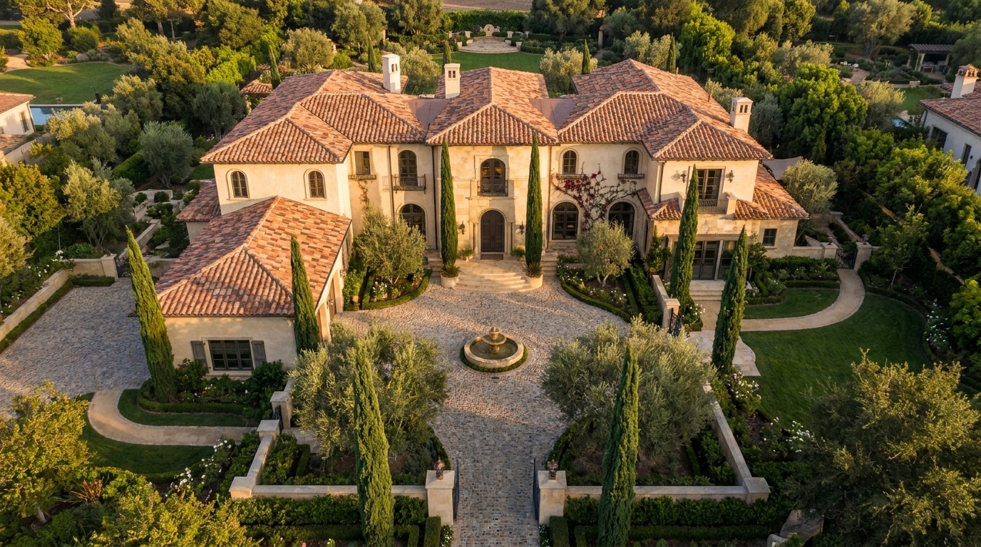 Bel Air Mediterranean mansion with tiled roof and cobblestone drive