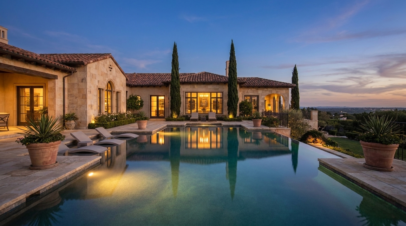 Bel Air resort-style infinity pool beside stone estate