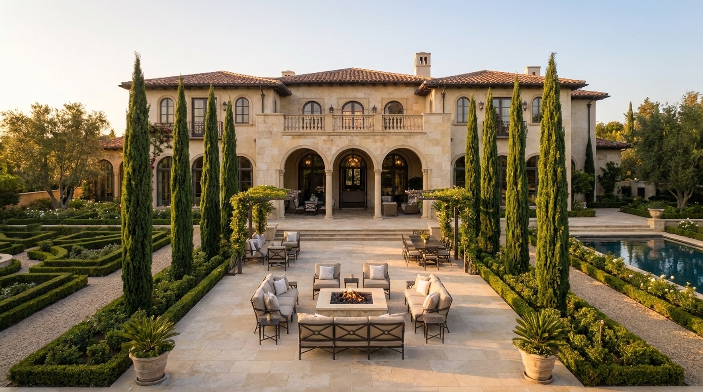 Bel Air stone estate backyard with gardens and layered terraces