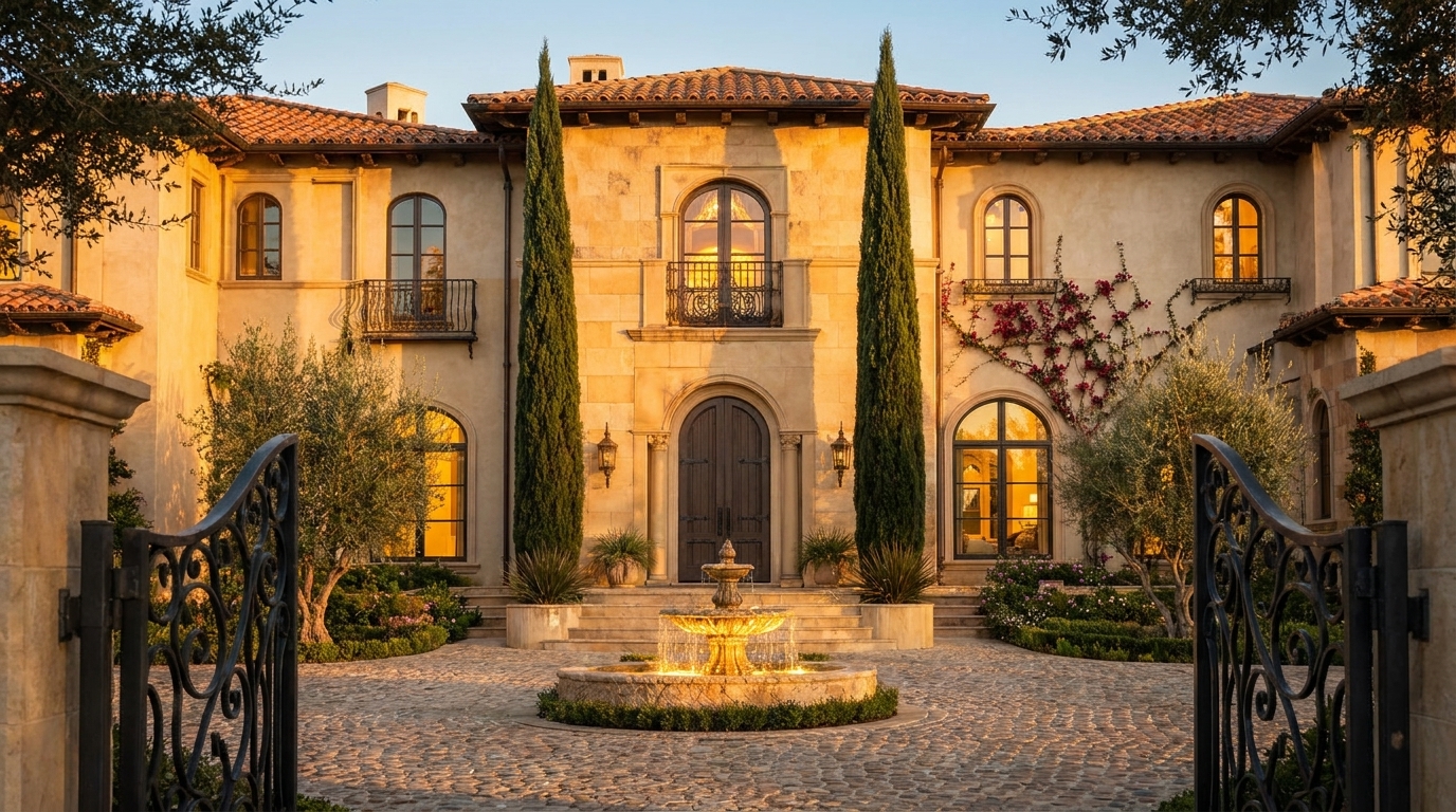 Bel Air stone mansion exterior at golden hour with warm lighting