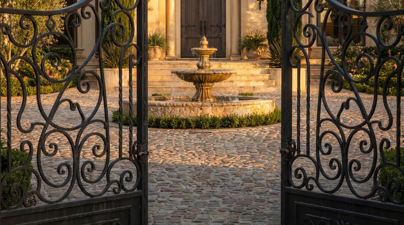 Bel Air wrought-iron gate and fountain creating formal front entry