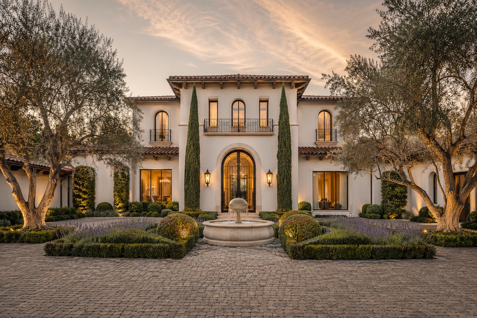 Calabasas Mediterranean estate exterior hero image with white stucco and red tile roof