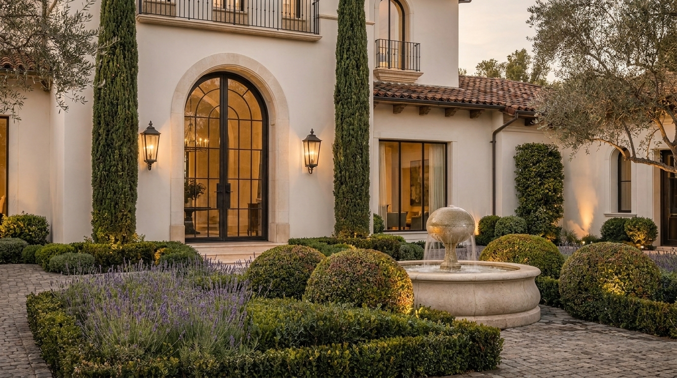 Calabasas Mediterranean arched entrance and front arrival composition