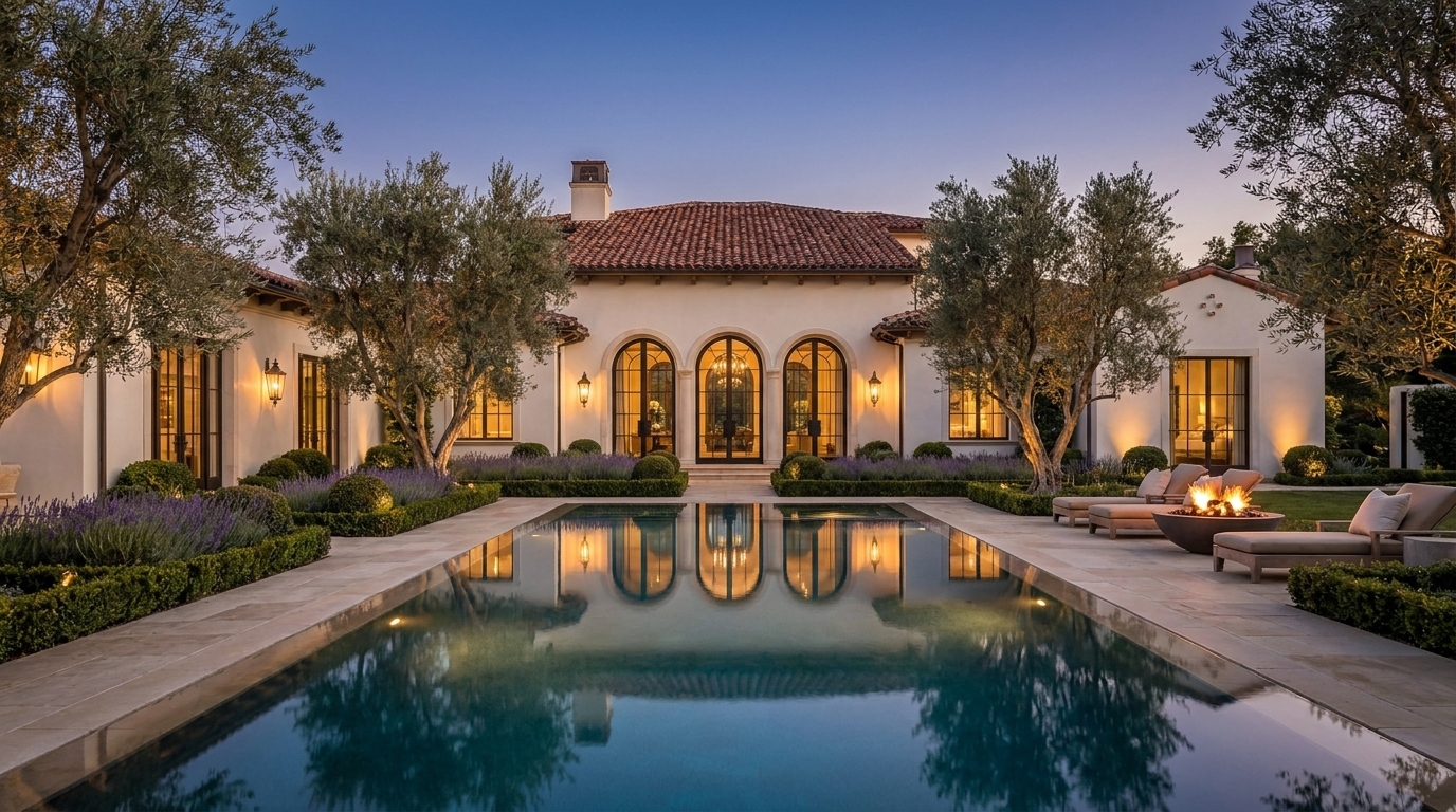 Calabasas Mediterranean backyard pool reflecting the home at dusk
