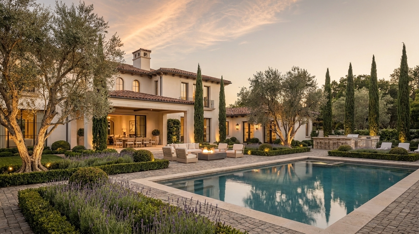 Calabasas Mediterranean backyard terrace lounge with stone detailing