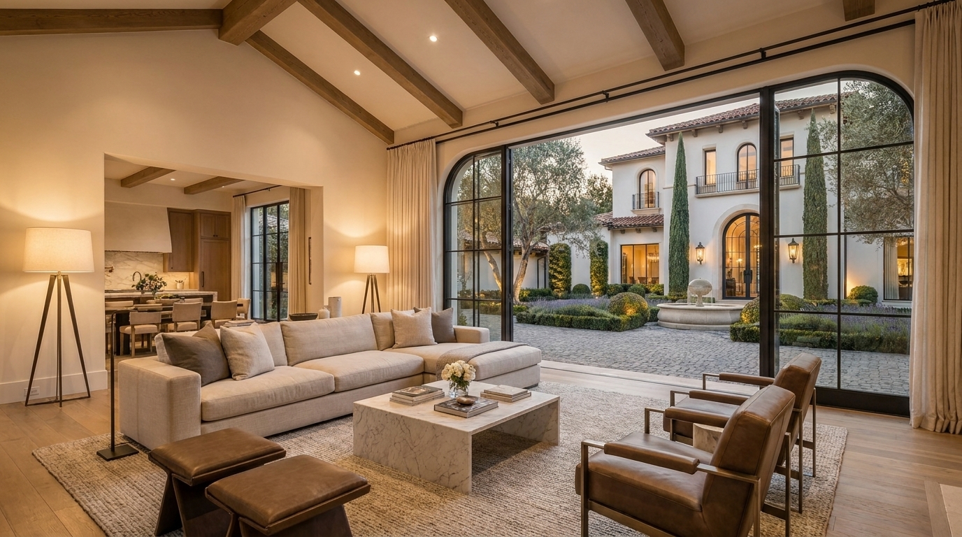 Calabasas Mediterranean great room flowing toward the exterior