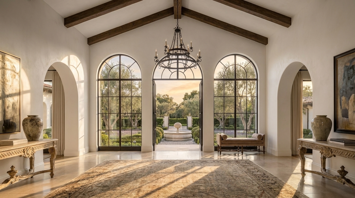 Calabasas Mediterranean grand foyer interior with layered sightlines