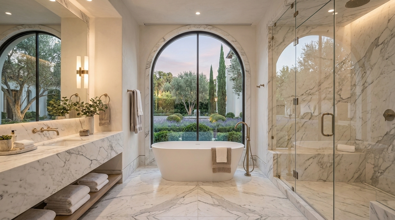 Calabasas Mediterranean bathroom with freestanding tub and warm finishes