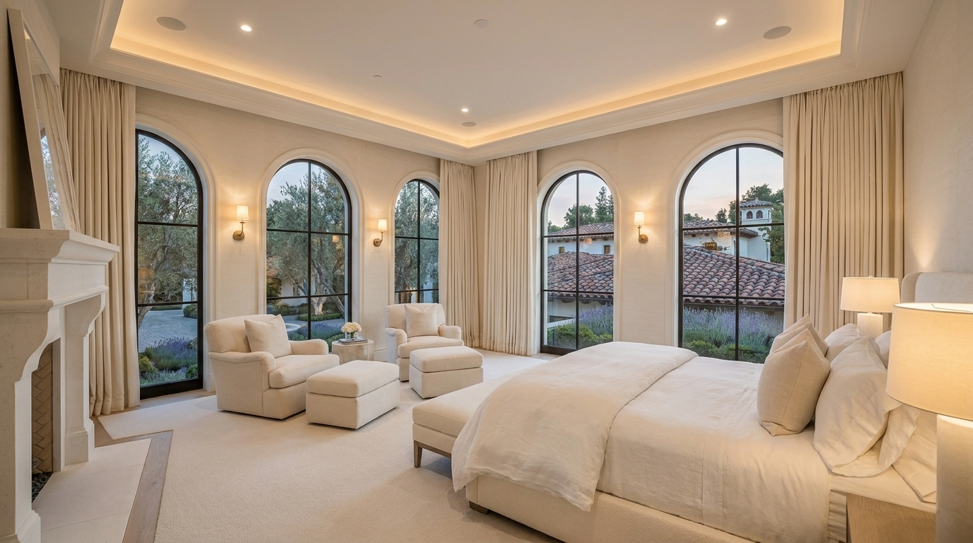 Calabasas Mediterranean primary bedroom suite with estate-scale proportions