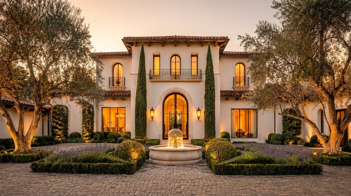 Calabasas Mediterranean white stucco estate at golden hour