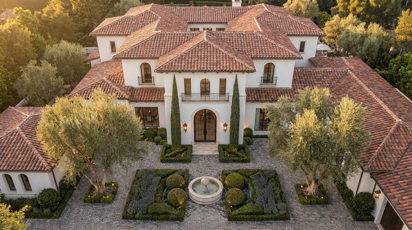 Calabasas Mediterranean white stucco mansion with red tile roof and strong front elevation