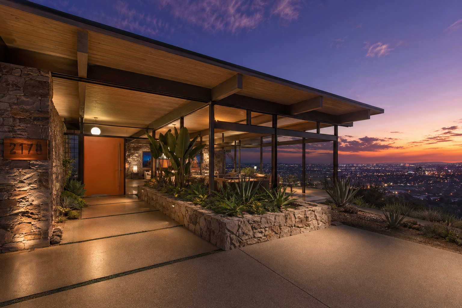 Hollywood Hills midcentury modern exterior hero view at dusk