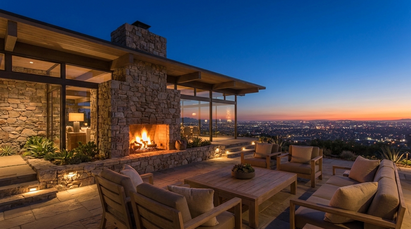 Hollywood Hills backyard terrace at night with layered lighting
