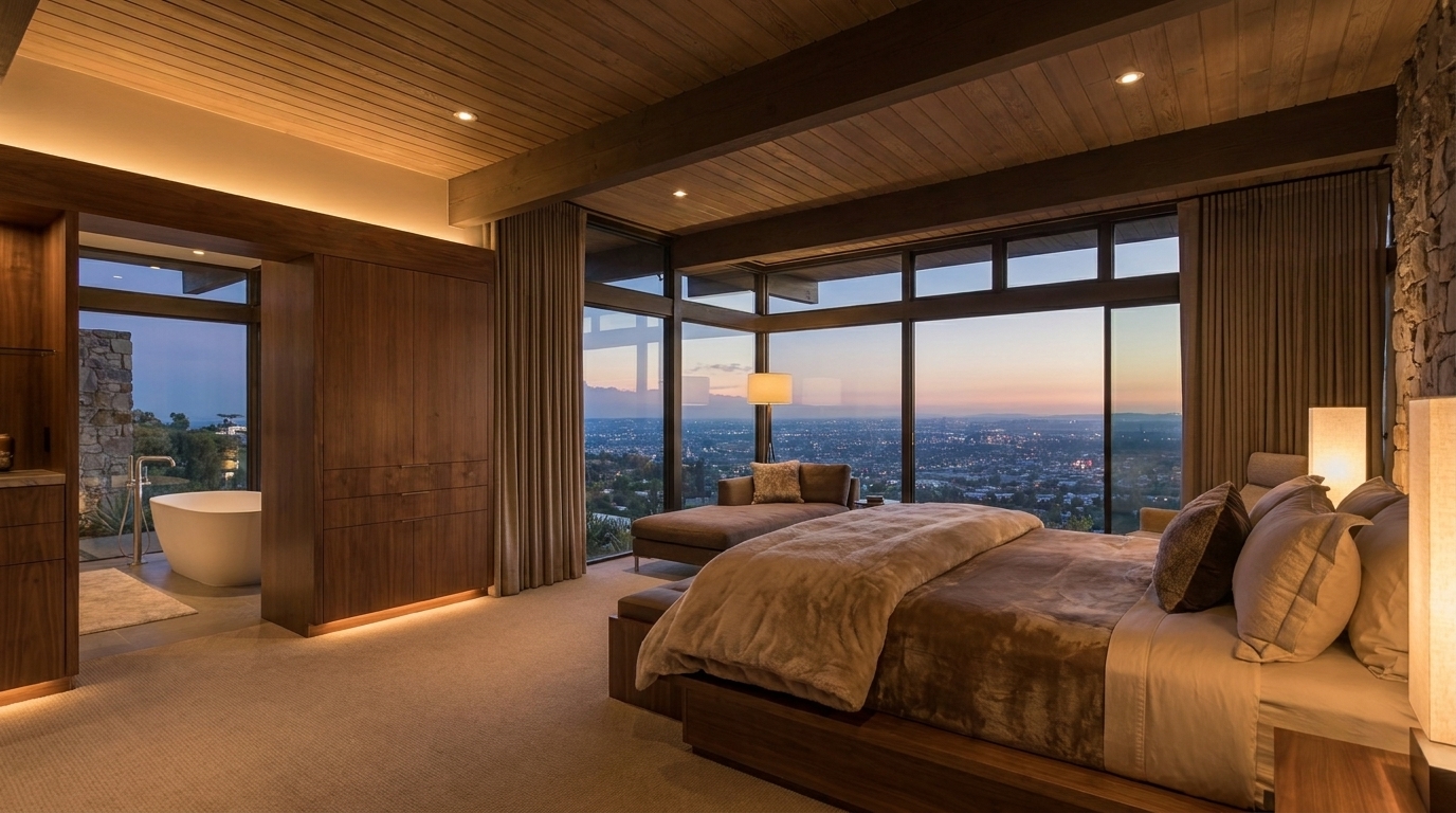 Hollywood Hills bedroom with city lights and glass exposure