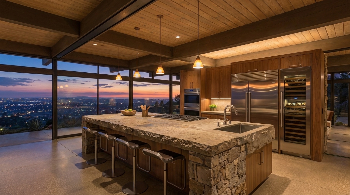 Hollywood Hills kitchen with stone island and view orientation