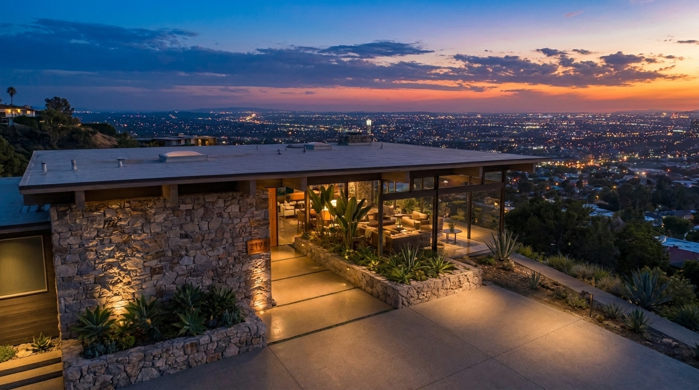 Hollywood Hills drone shot of hillside estate and city beyond