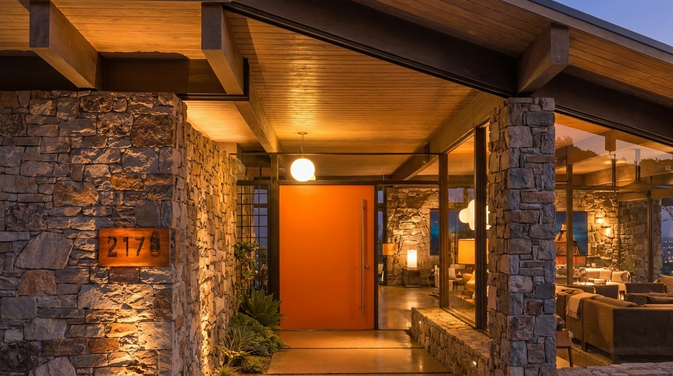 Hollywood Hills entry with stone walls and warm wood ceiling