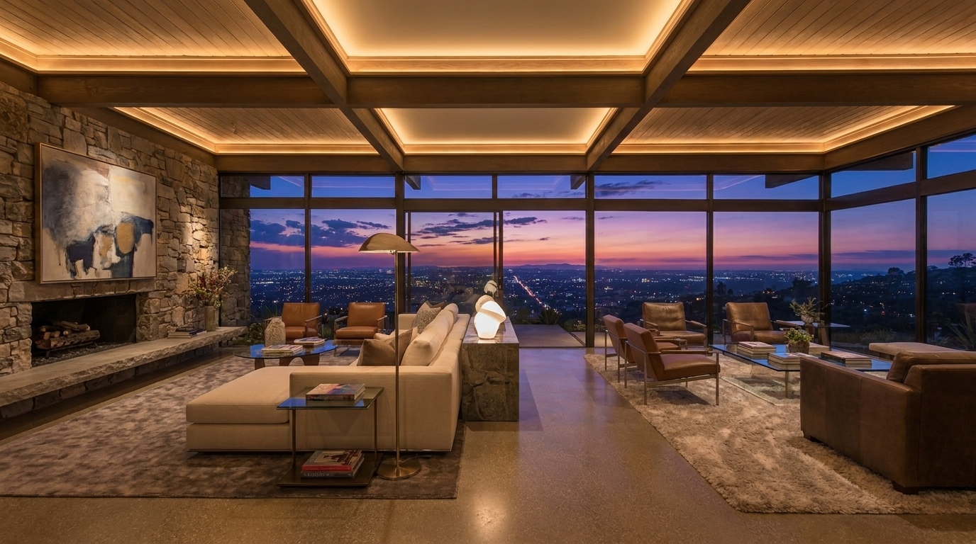 Hollywood Hills great room with panoramic city views